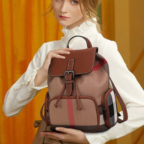Tartan Canvas Leather Backpack, Vintage Check Rucksack, Classy Work Backpack, Travel Backpack