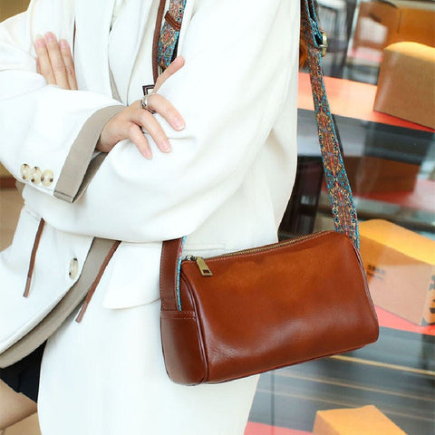 Italian Leather Shoulder Bag, Vegetable Tanned Leather Women's Crossbody, With Vintage Boho Strap