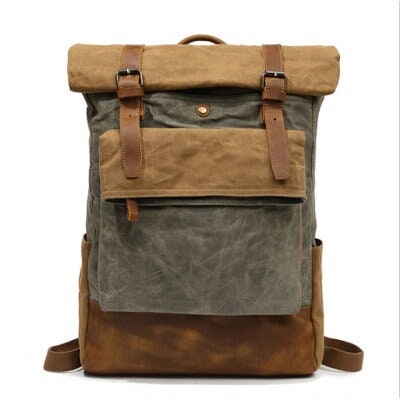 Waxed Canvas Backpack, Wanaka Vintage Leather Canvas Backpack, Unisex Rolltop Travel Rucksack, Laptop Backpack